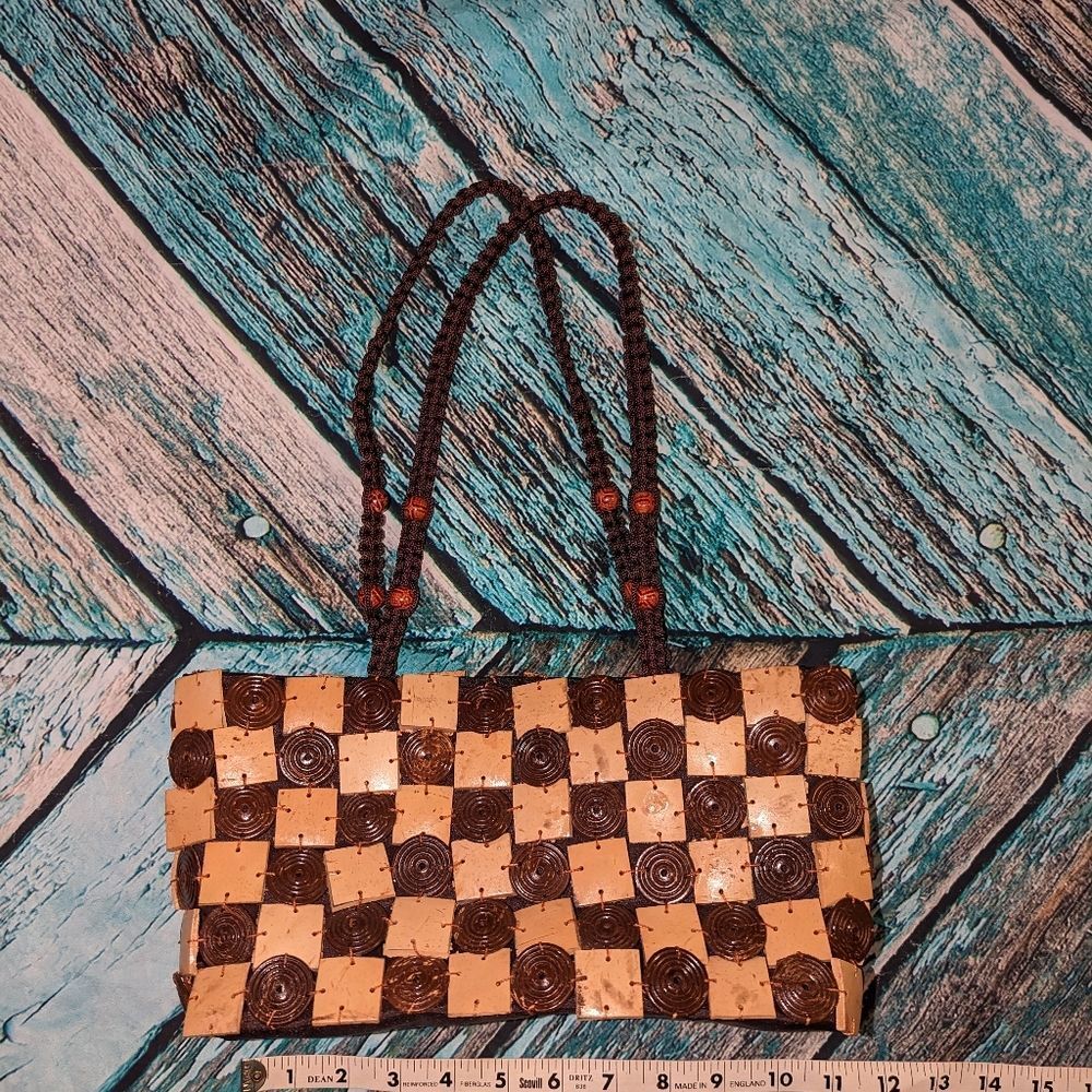 Y2K Boho Coconut Shell Checkerboard Purse Brown Beaded Shoulder Handbag Festival